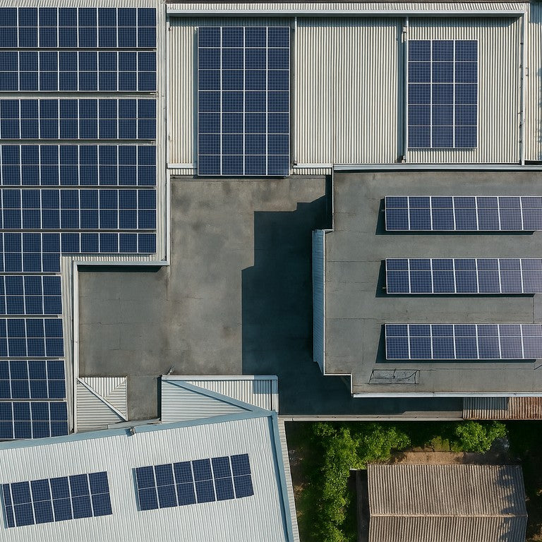 Fabriksgebäude von oben mit Solarzellen am Dach