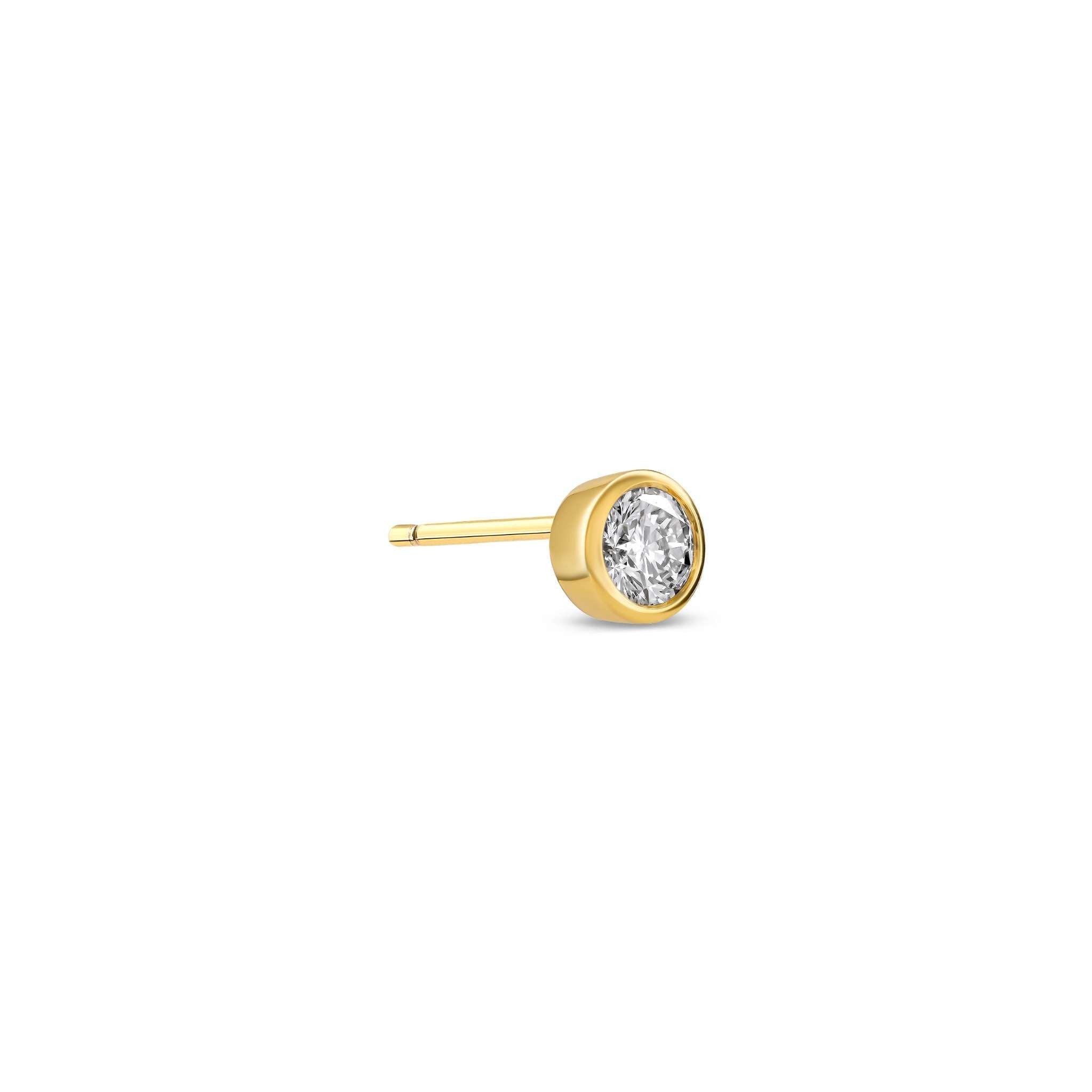 Ein einzelner Diamant-Ohrstecker mit einem großen Labordiamanten im runden Brillantschliff auf weißem Hintergrund.