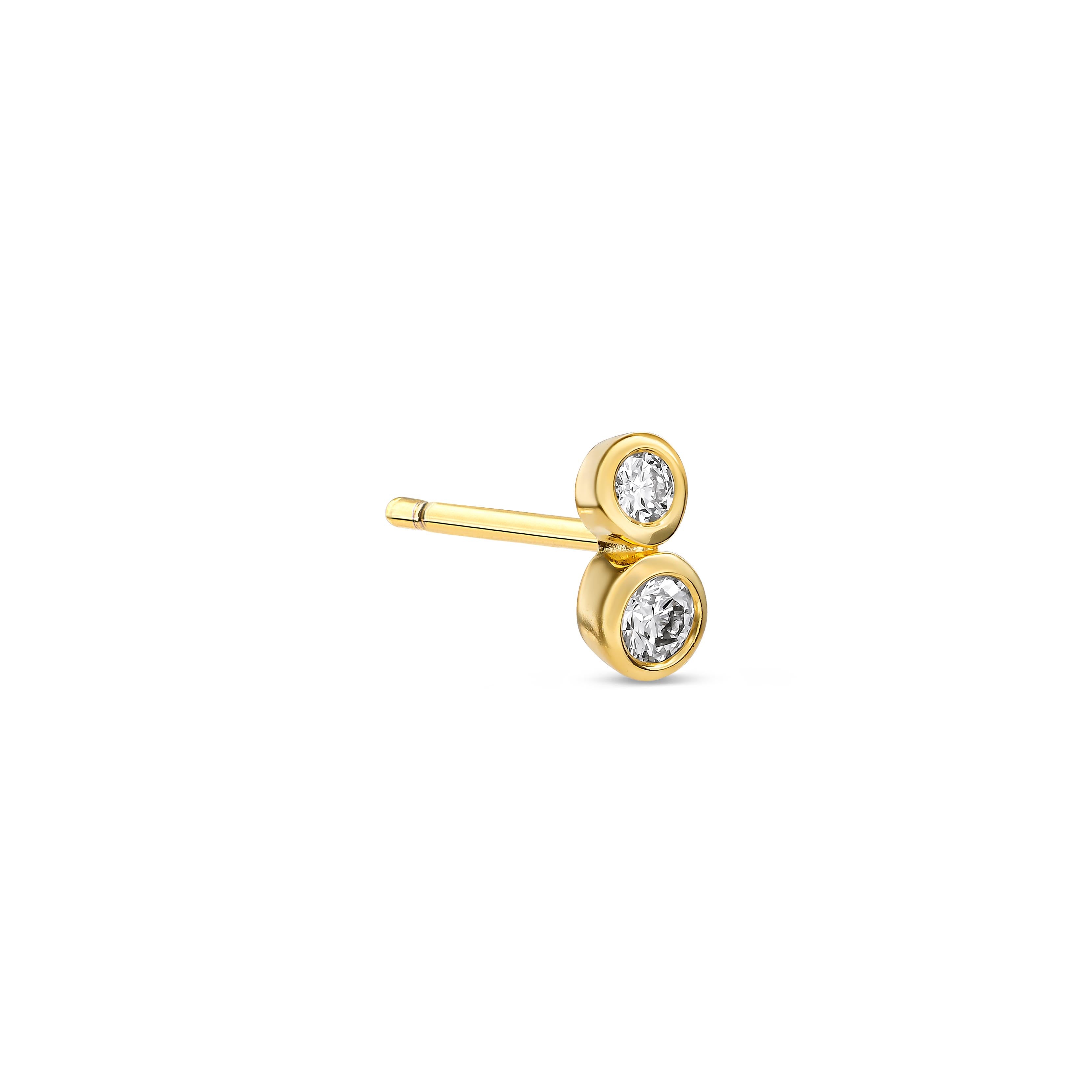 Lab grown diamond stud with with two bezel set lab grown diamonds set in Sterling Silver, 18k gold plated - sideview