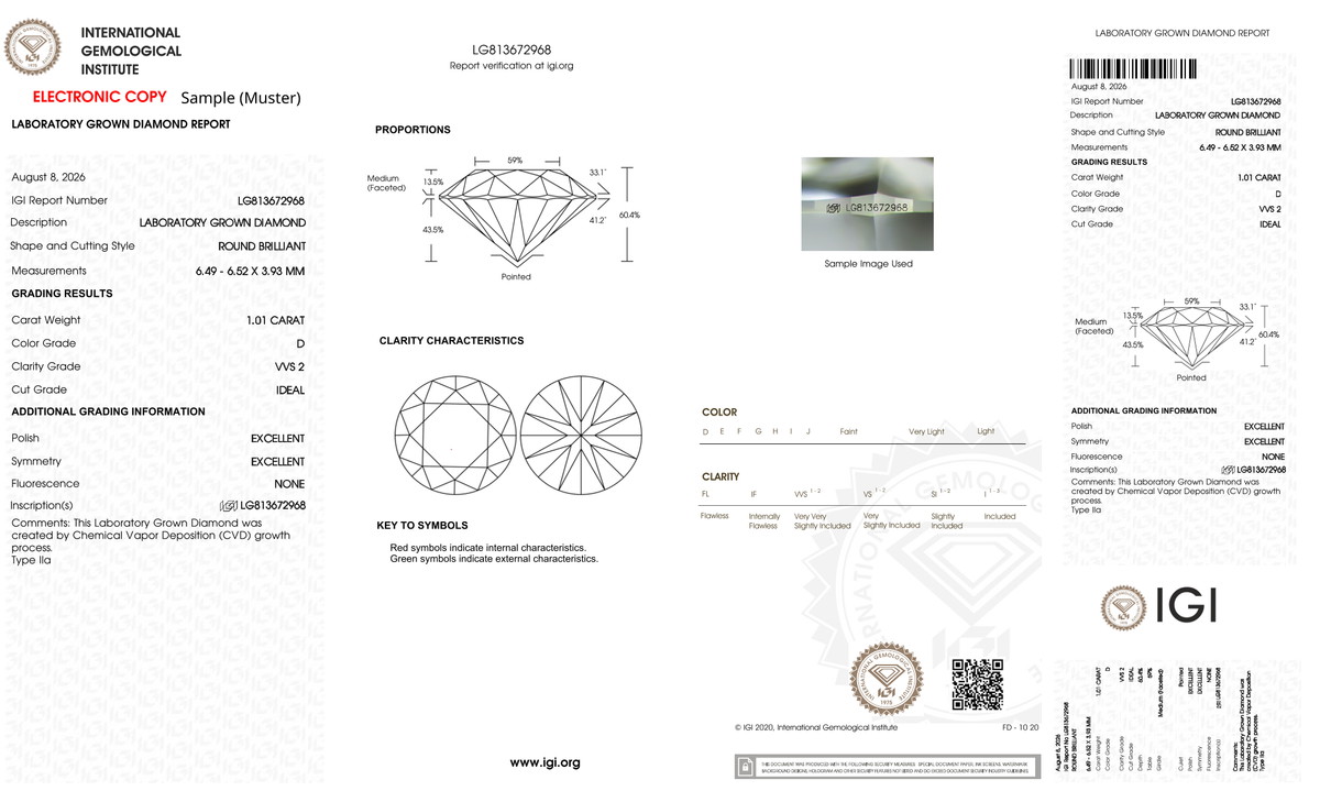 IGI Labreport für einen 1,0 ct Lab-grown Diamant.