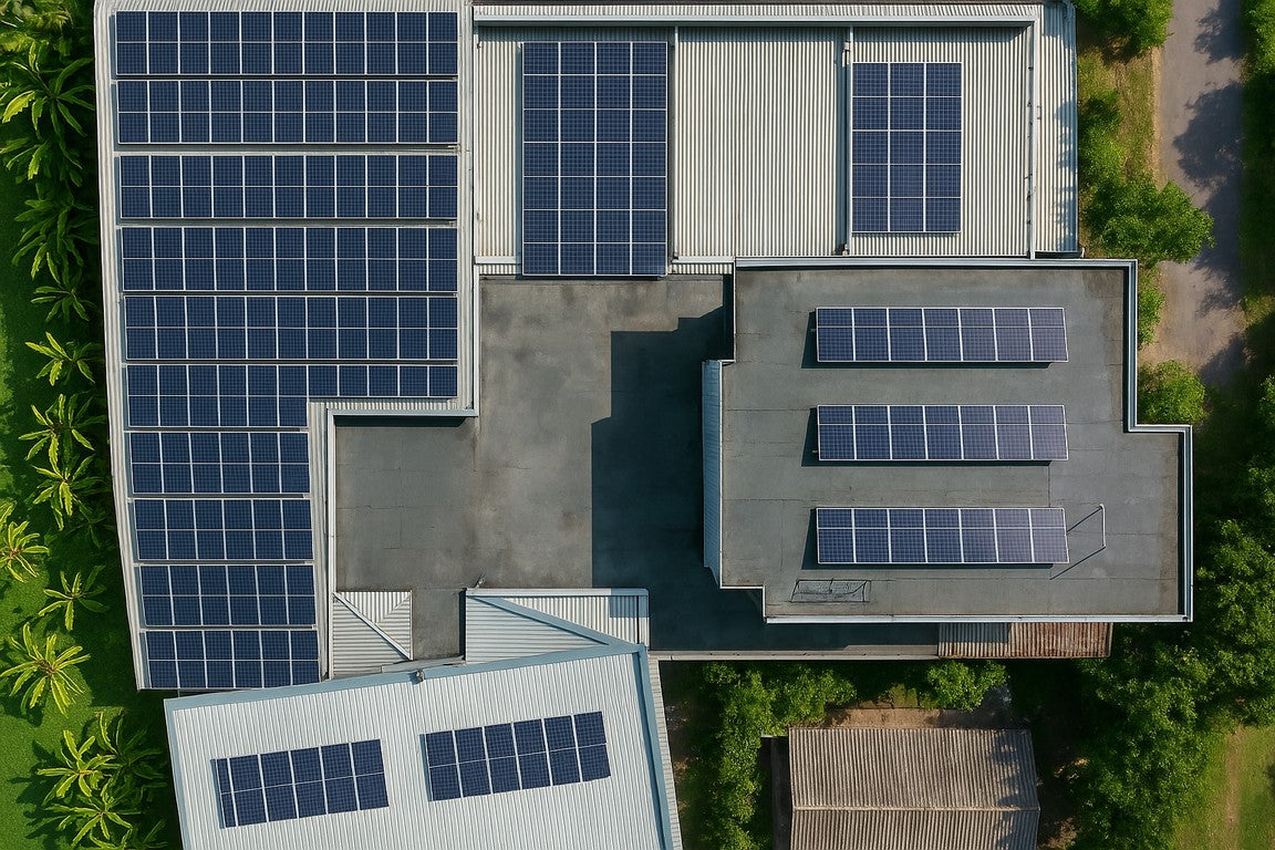 Fabriksgebäude von oben mit Solarzellen am Dach