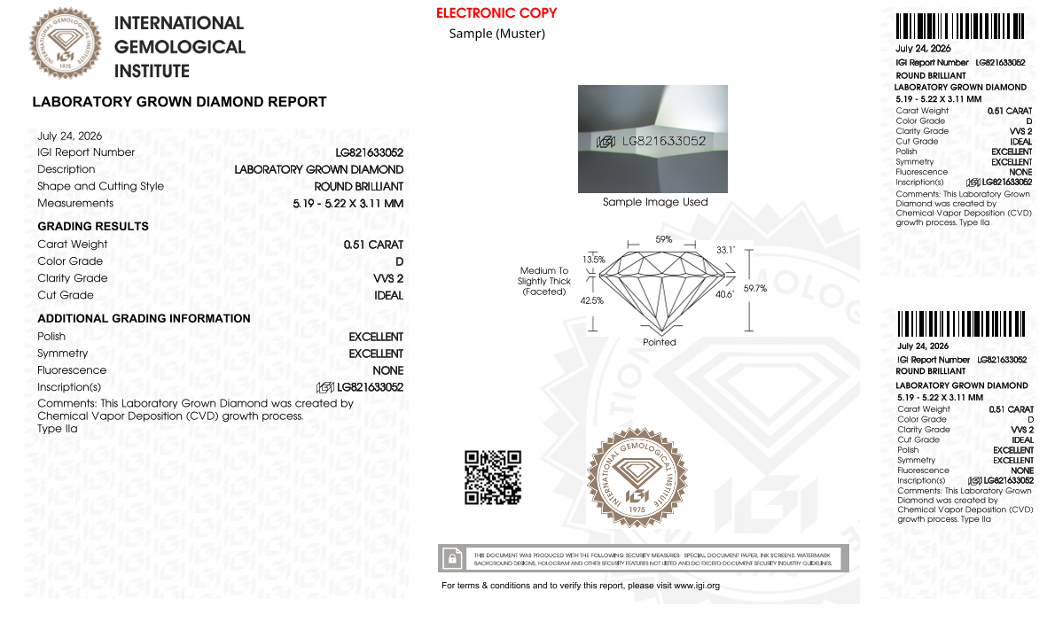 IGI Labreport für einen 0,5 ct Lab-grown Diamant.