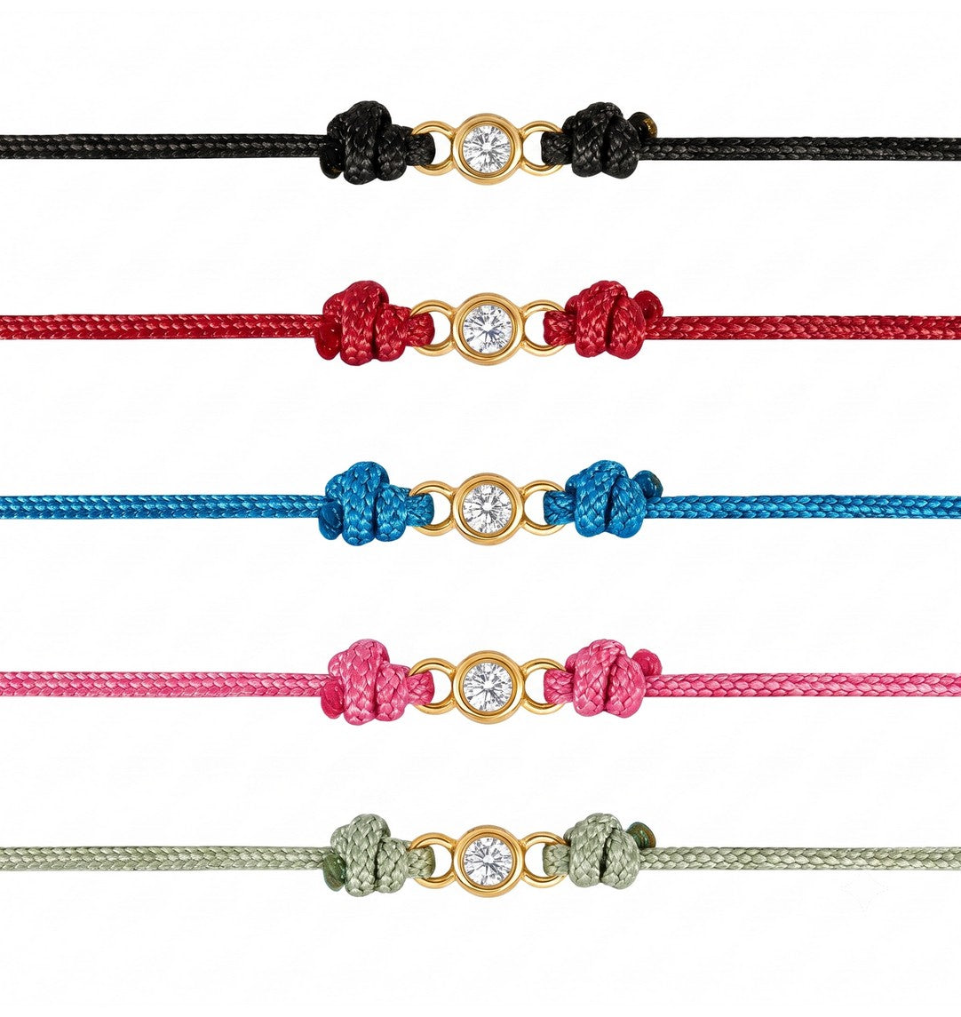 Frontalansicht von 5 bunten Cordarmbändern mit je einem kleinen Labordiamanten in goldfarbener Fassung.